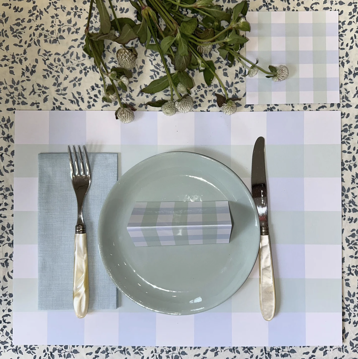 Recyclable Placemats (10) Gingham Blue/Green Made on Earth