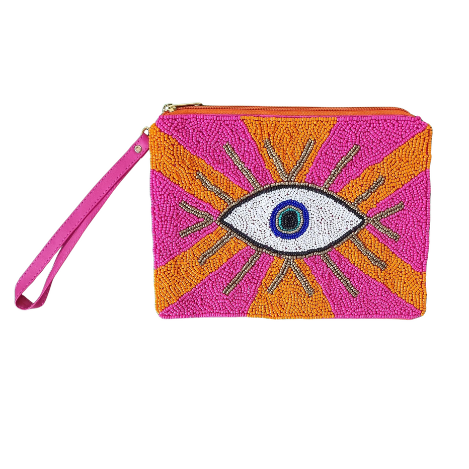 Beaded Pouch - Pink/Orange Evil Eye 19x13cm