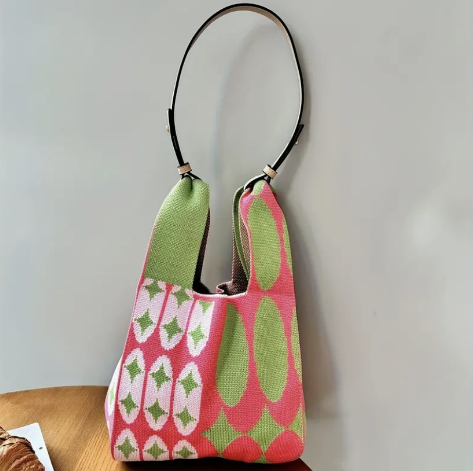 Geometric Knitted Bag - Pink Green