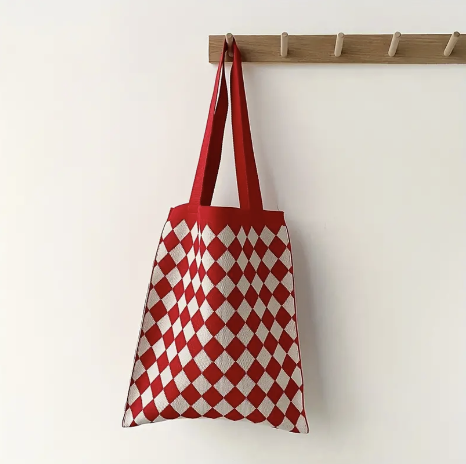 Plaid Knitted Tote - Red