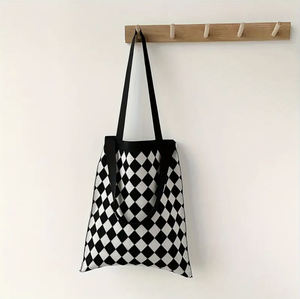Plaid Knitted Tote - Black
