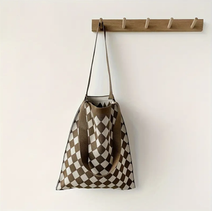 Plaid Knitted Tote - Taupe