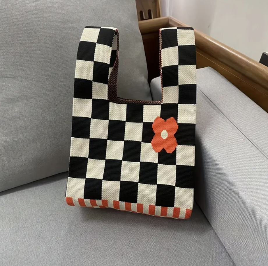 B/W Check Orange Flower Knitted Bag
