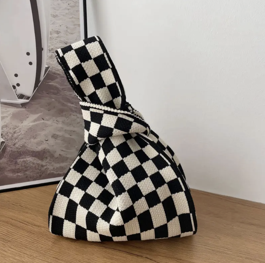 B/W  Checkerboard Knitted Bag