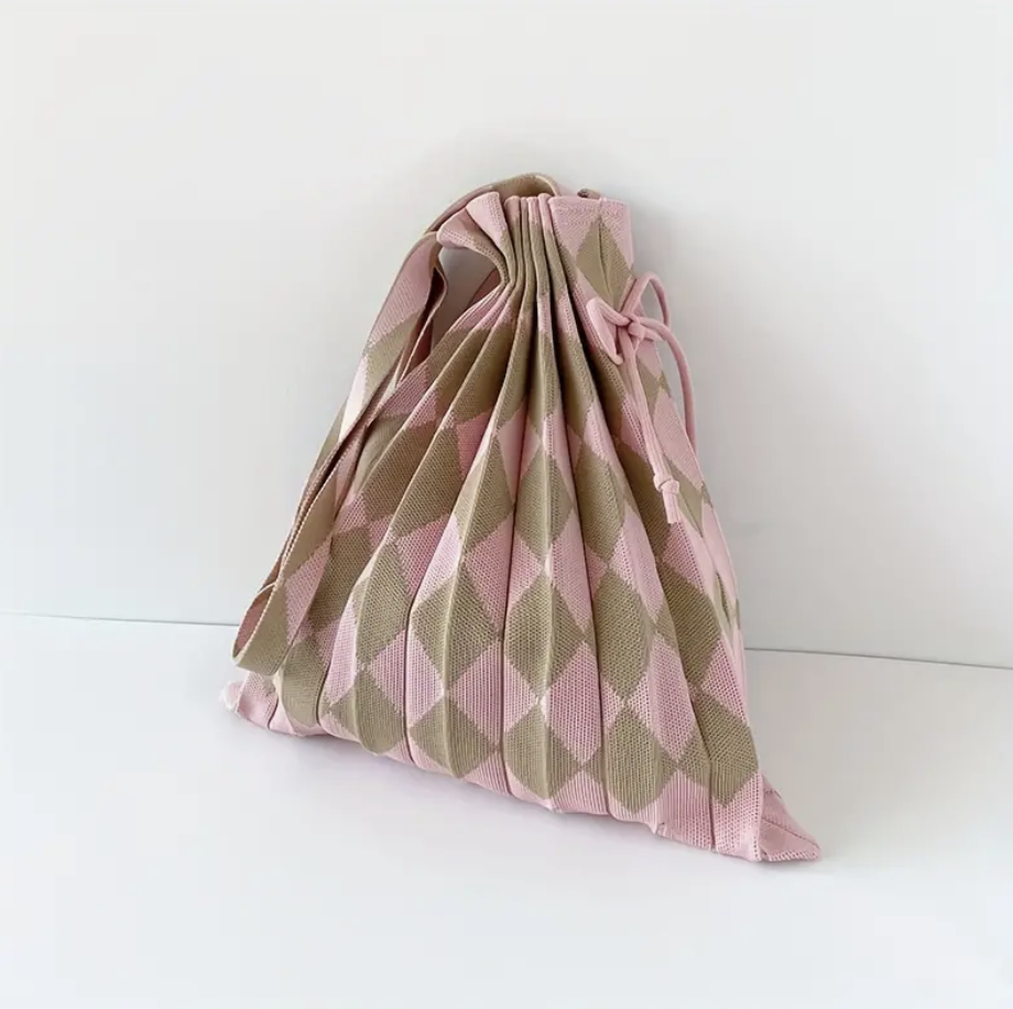 Diamond Pleated Knitted Tote - Pink/Beige