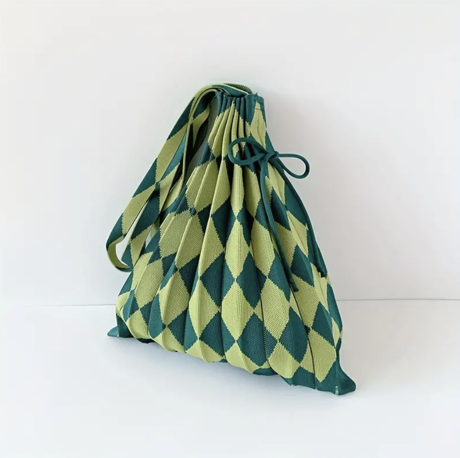 Diamond Pleated Knitted Tote - Green/Lime