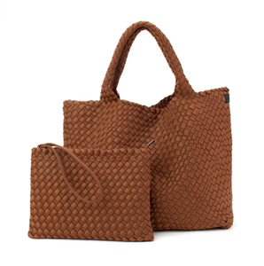 Woven large Neoprene Tote With Pouch - Caramel