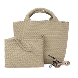 Woven Neoprene Large Tote With Pouch - Beige