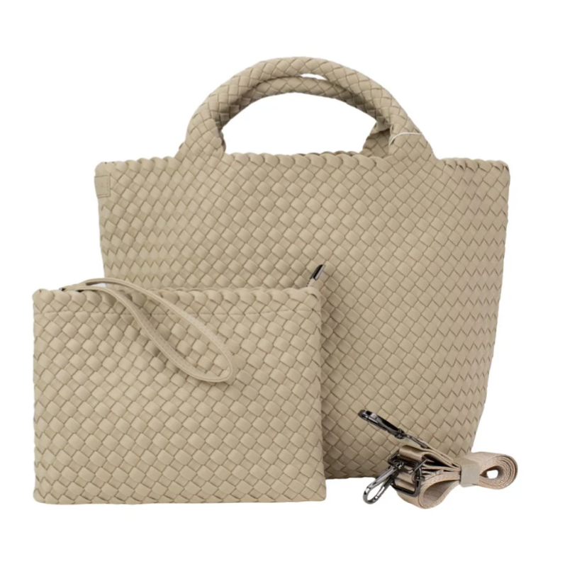 Woven Neoprene Large Tote With Pouch - Beige