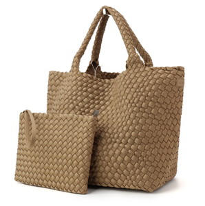 Woven Neoprene Large Tote With Pouch- Nude