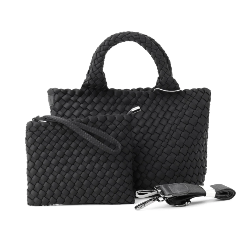 Woven Neoprene Mini Tote With Pouch - Black