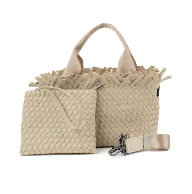 Woven Neoprene Mini Tote With Pouch - Fringe Beige