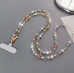 Pearl/Crystal Cross Body Phone Chain - Gold