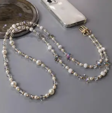 Pearl/Crystal Cross Body Phone Chain - Black