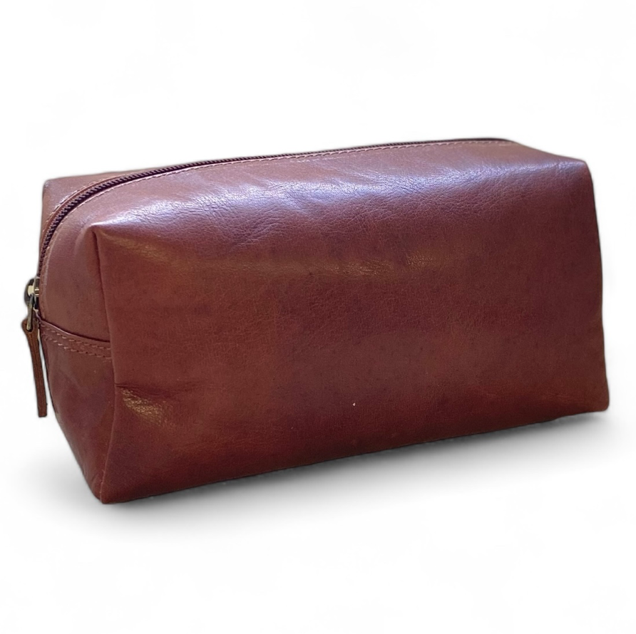 Jimmy  Leather Toiletry Bag- Brandy