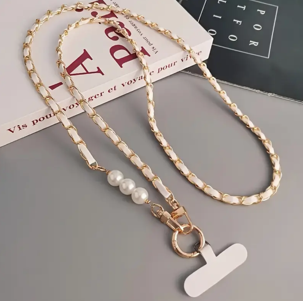 Faux Pearl/Leather Phone Chain - White