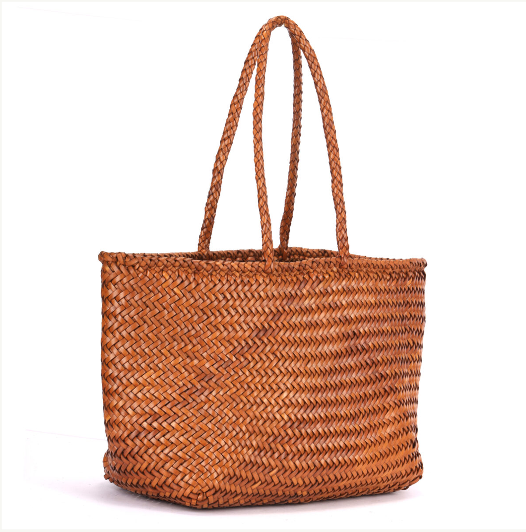 Amalfi Woven Leather Shopper Tote - Cognac