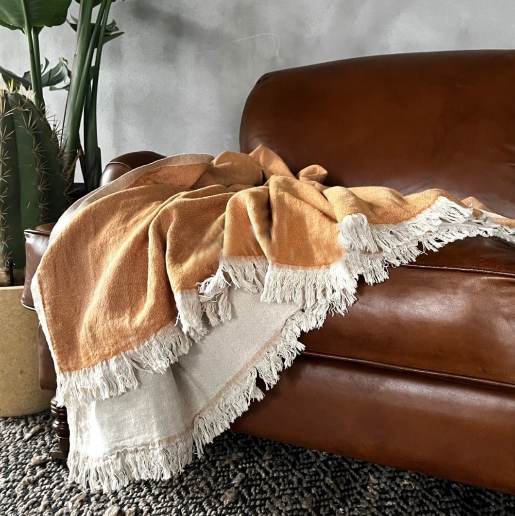 Atmosphere Linen/Cotton Throw 135x185cm - Dijon Mustard/Natural