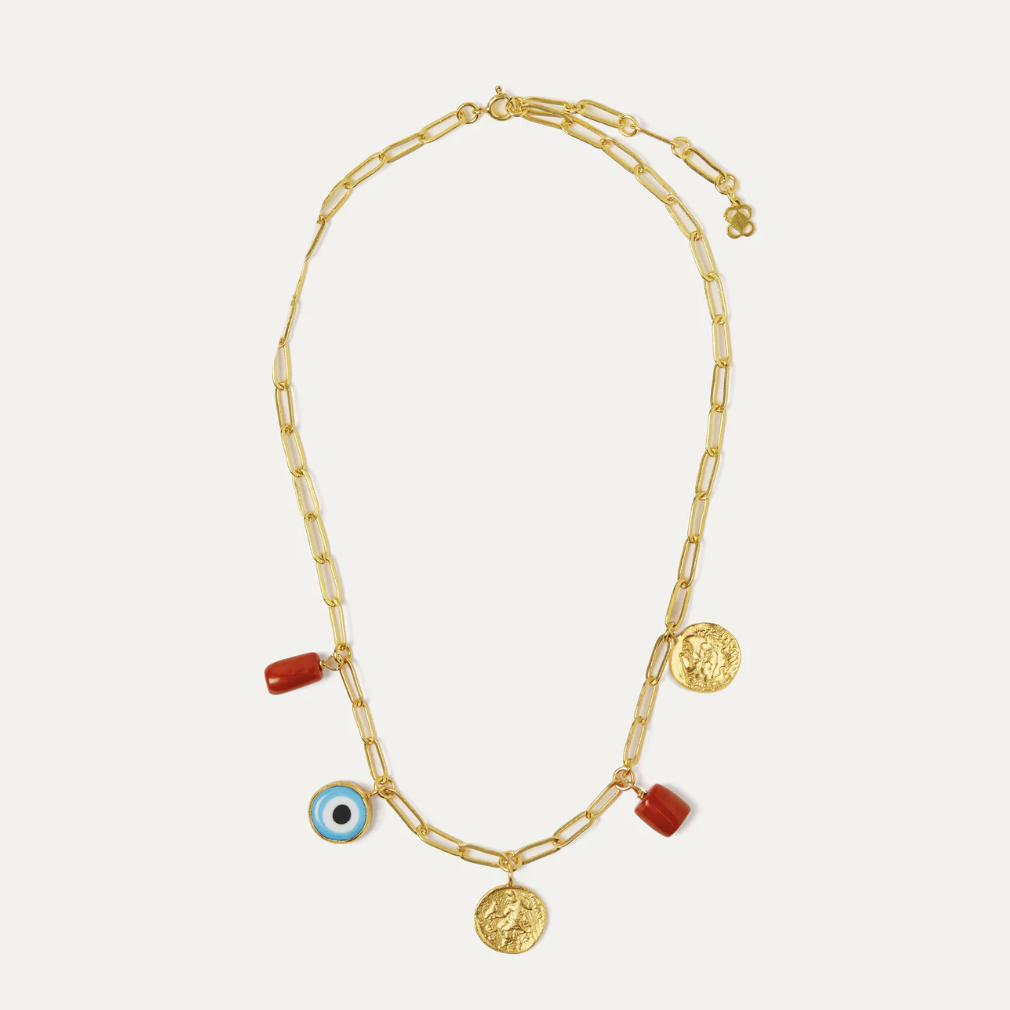 Cornicello Coral, Gold Coin, Evil Eye & Pearl Necklace