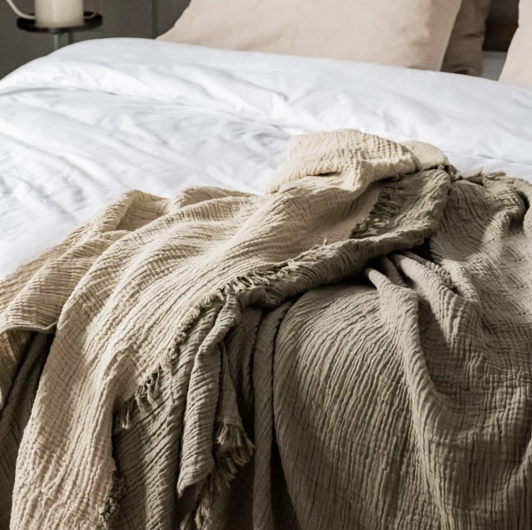 Flow Double Cotton Blanket Throw 200x240cm Olive Grey Ecru Made on Earth