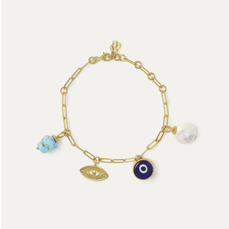 Cornicello Turquoise, Coin, Evil Eye & Pearl Bracelet