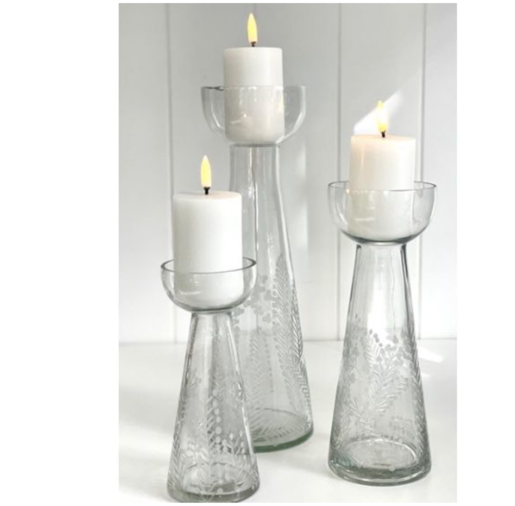 Cone Etched Wattle Glass Candleholder | M 23cm