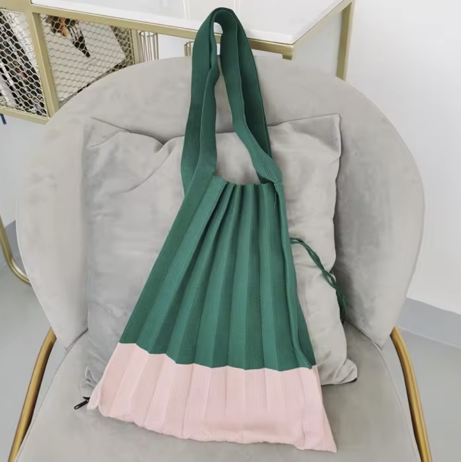 Block Colour Pleated Fold Up Tote - Green/Pink