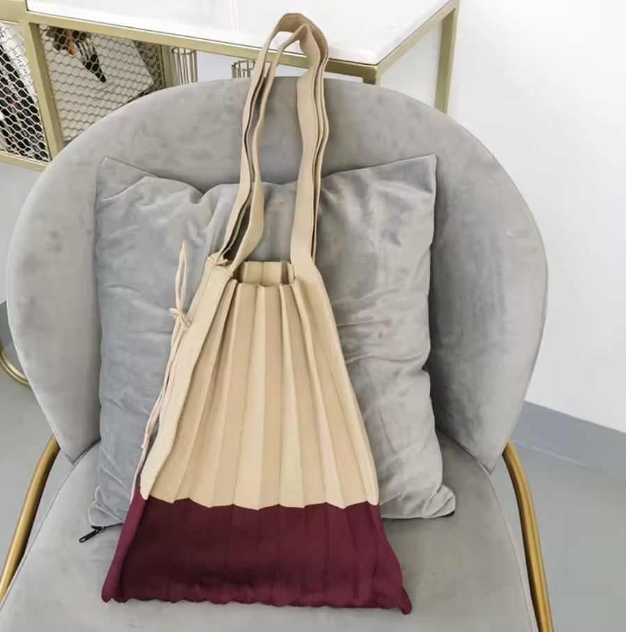 Block Colour Pleated Fold Up Tote - Beige/Wine