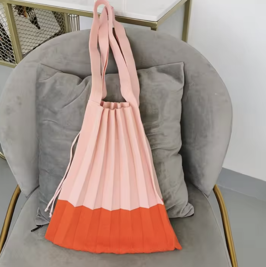 Block Colour Pleated Fold Up Tote - Peach/Orange