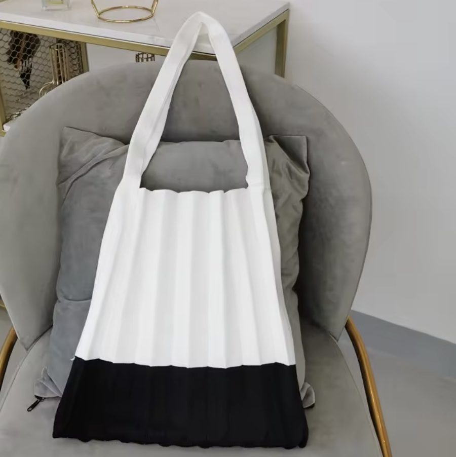 Block Colour Pleated Fold Up Tote - Black/White